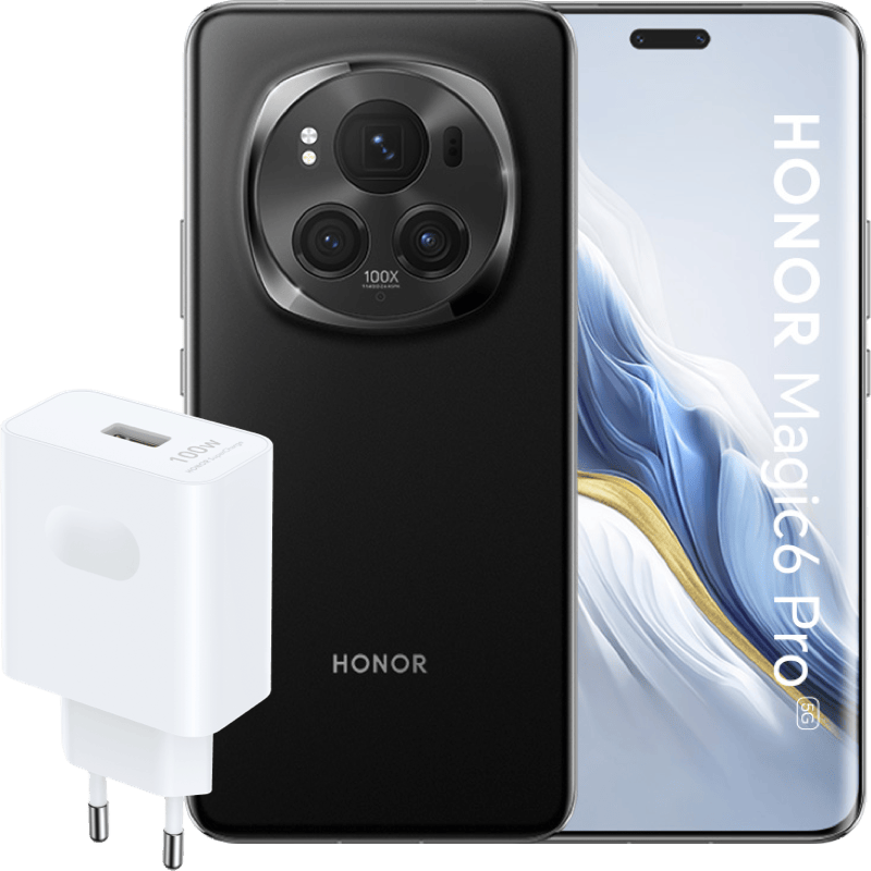 HONOR Magic6 PRO 5G 12/512GB+ŁADOWARKA 100W czarny front i tył z ładowarką