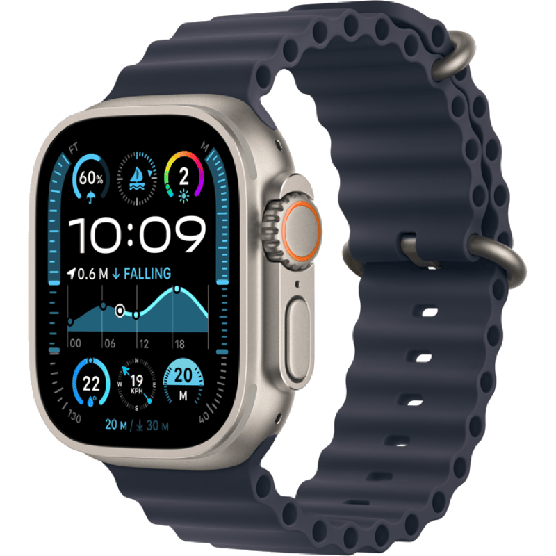 Apple Watch Ultra 2 GPS + eSIM (Cellular) 49mm (2024) ciemnoniebieska opaska front lewy obrót